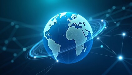 A digital globe with network lines connecting across continents, illustrating global internet connections and advanced technology