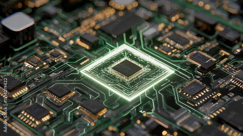Poster green light pulsates around central processing unit on electronic circuit board, showcasing intricat
