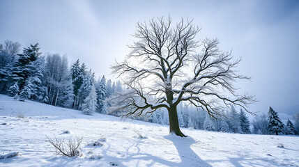 Einsamer Baum in winterlicher Schneelandschaft