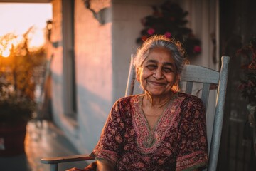 Grandma elderly woman sitting on a rocking chair at a front porch