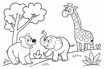 kids coloring page, animals, cartoonish, friendly, thick outlines, no color