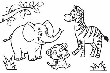 kids coloring page, animals, cartoonish, friendly, thick outlines, no color