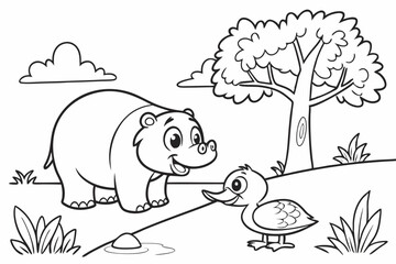 kids coloring page, animals, cartoonish, friendly, thick outlines, no color
