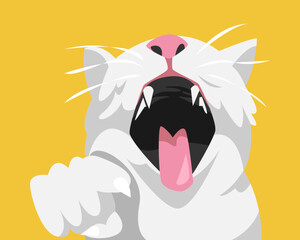  Laughing cat with its mouth wide open, eyes squinting in joy, and one paw playfully pointing forward. Cartoon vector illustration.