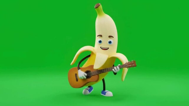 A fun and playful 3D cartoon banana character playing an acoustic guitar on a green screen background. Perfect for music, fruit, and entertainment-related concepts
