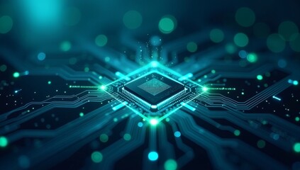 A futuristic microprocessor chip surrounded by glowing blue data lines and dots, symbolizing advanced technology and digital connections