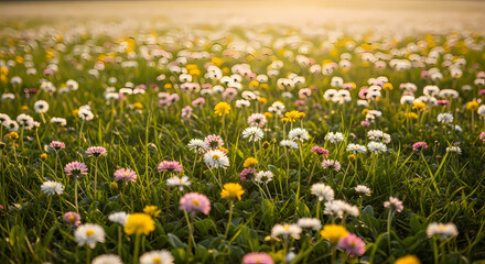 Fototapeta premium Vibrant Wildflower Meadow at Sunrise: A Stunning Springtime Scene