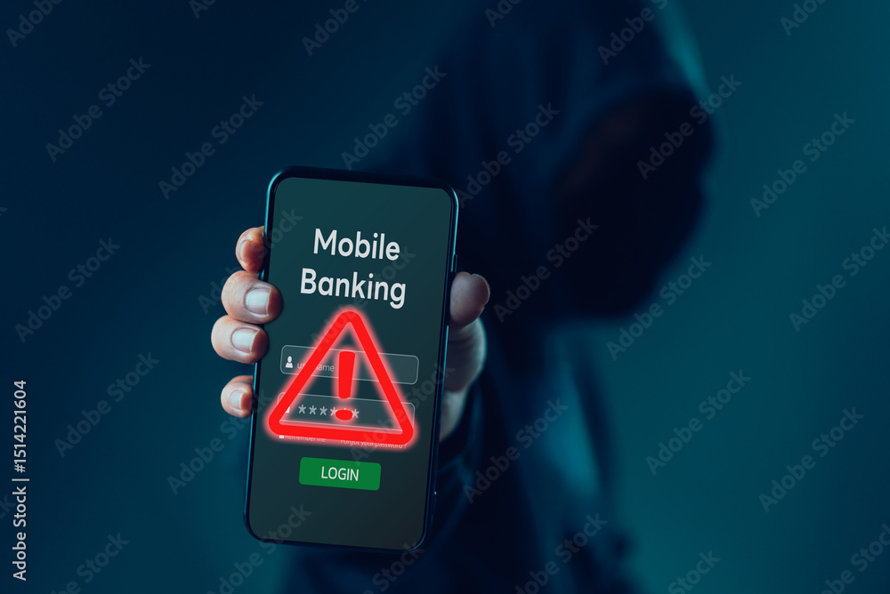 Aufkleber hacker holding a smartphone with a mobile banking login screen and red warning sign, phishing scams 