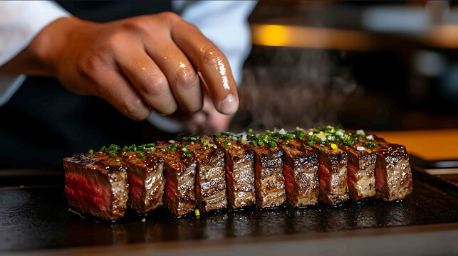 A chefs hands carefully stacking seared teppanyaki steak slices into a neat pile