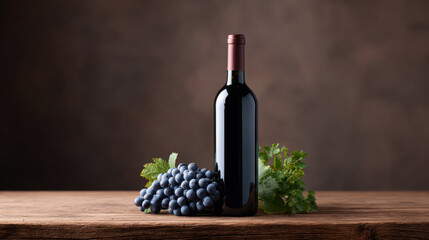 Elegant wine bottle with dark grapes and green leaves on rustic wood, creating warm and inviting atmosphere for wine lovers