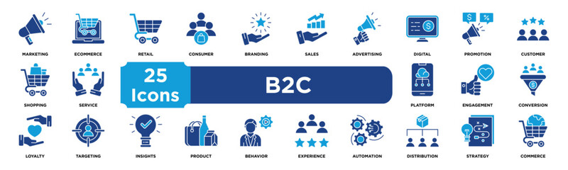 b2c icon collection set. Containing marketing,ecommerce,retail,consumer,branding,sales,advertising,digital,promotion,customer icon. dual tone vector.	