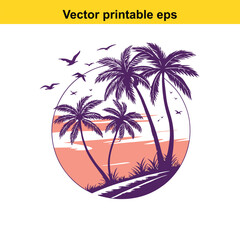 Sunset Palm Trees Silhouette Tropical Beach Scene