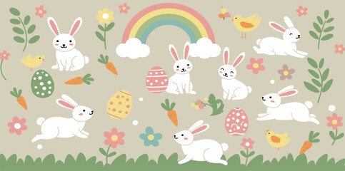 Fototapeta premium Happy Easter, decorated geometric style Easter cards, banners. Bunnies, Easter eggs, flowers and basket. Modern minimalist design