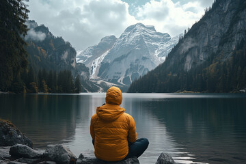 Man and woman sitting peacefully by a mountain lake with scenic nature views