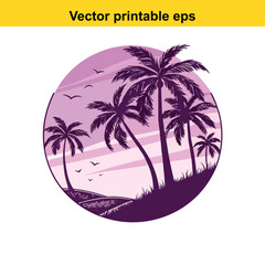 Purple Sunset Palm Tree Silhouette in Circle Vector Printable EPS