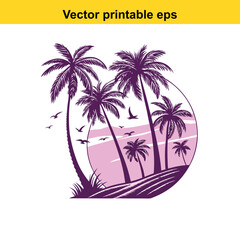 Purple Palm Trees Silhouette at Sunset Beach Scene