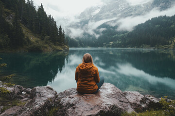 Woman enjoying the view at a mountain lake surrounded by nature