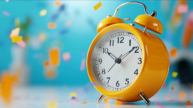 A vibrant yellow alarm clock surrounded by colorful confetti and decorative elements creates lively atmosphere playful scene captures essence of celebration and time