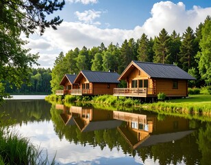 Lakeside wooden cabins reflecting in water