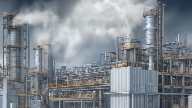 White steam and gases rising from industrial depolymerization facility, revealing intense chemical transformations and energy processes of plastic waste recycling