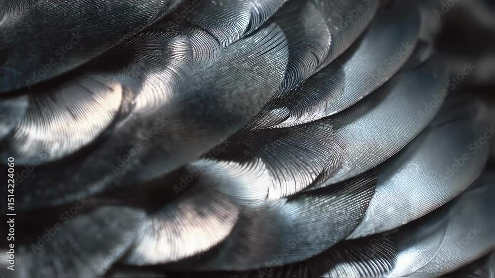 Poster iridescent light playing across dark feather surfaces, generating mesmerizing metallic reflections w