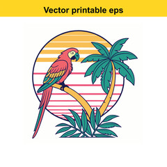 Retro Sunset Parrot Tropical Illustration:  A vibrant parrot perched on a palm tree against a stylized sunset. © ShahAlam