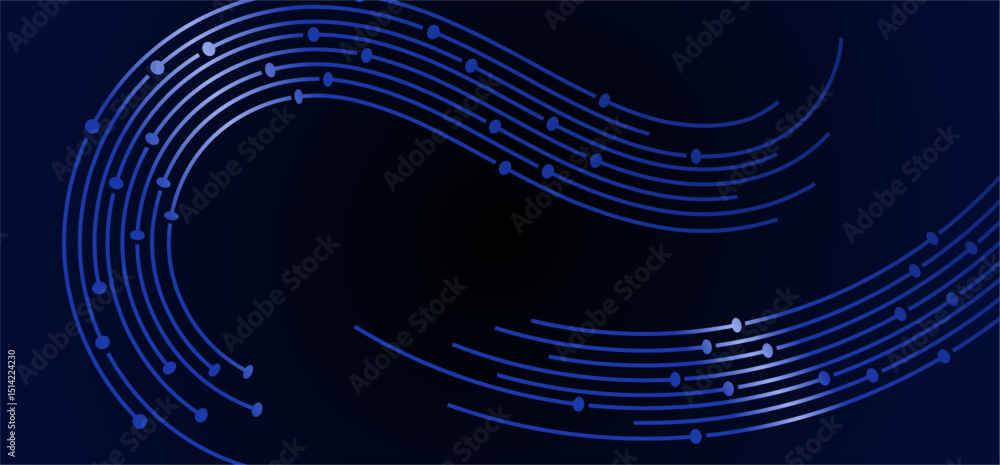 Fototapete flowing blue lines with dots connect to a central black void on a dark gradient background