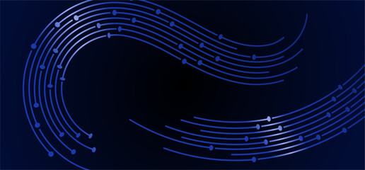 Flowing blue lines with dots connect to a central black void on a dark gradient background