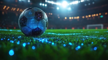 Futuristic Soccer Ball on Stadium Field