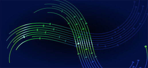 Wavy green and blue lines with dots on dark blue background