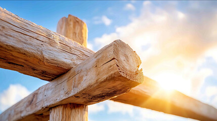 Jesus on the cross illuminated by soft golden light with a peaceful sky in the background