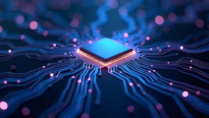 A high-tech microprocessor chip with glowing lights and digital lines, representing cutting-edge electronics and innovation