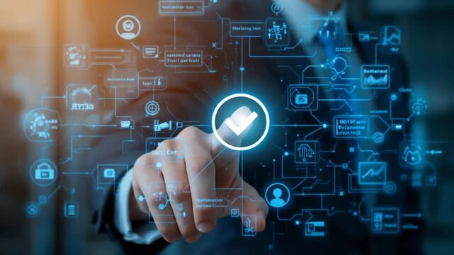Workflow and flowchart. Business process automation BPA technology. Businessman touching check mark and gear icon on flowchart. 4k video