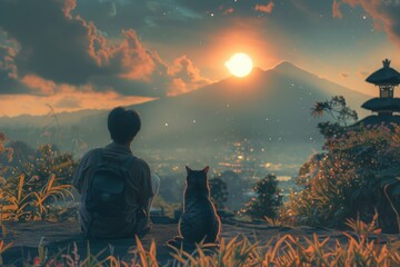 A man and a Balinese cat observing a solar eclipse.