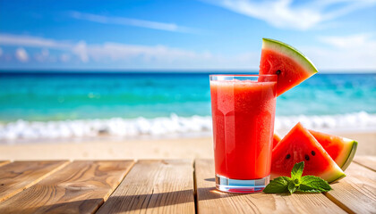 Obraz premium Watermelon and watermelon juice on a blurry beach background. A healthy summer drink concept.