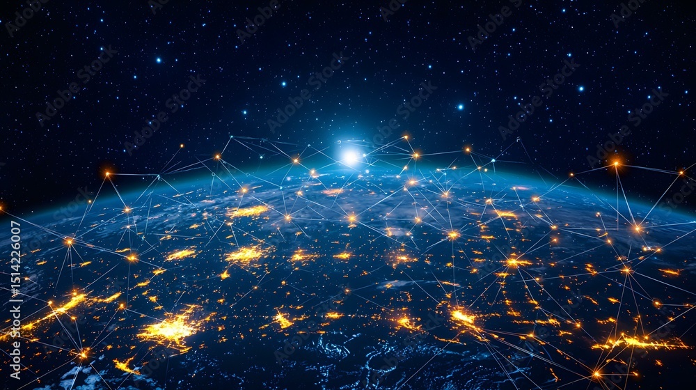 Poster the image shows a nighttime view of earth from space, with city lights illuminating the landmasses. 