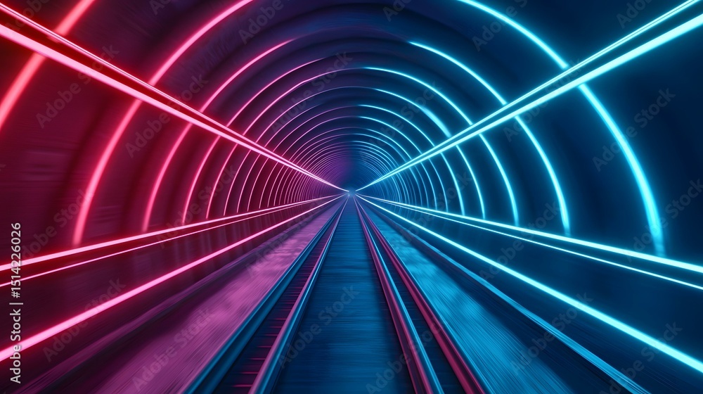 Poster a futuristic moving walkway is shown receding into a tunnel, illuminated by vibrant pink and blue ne