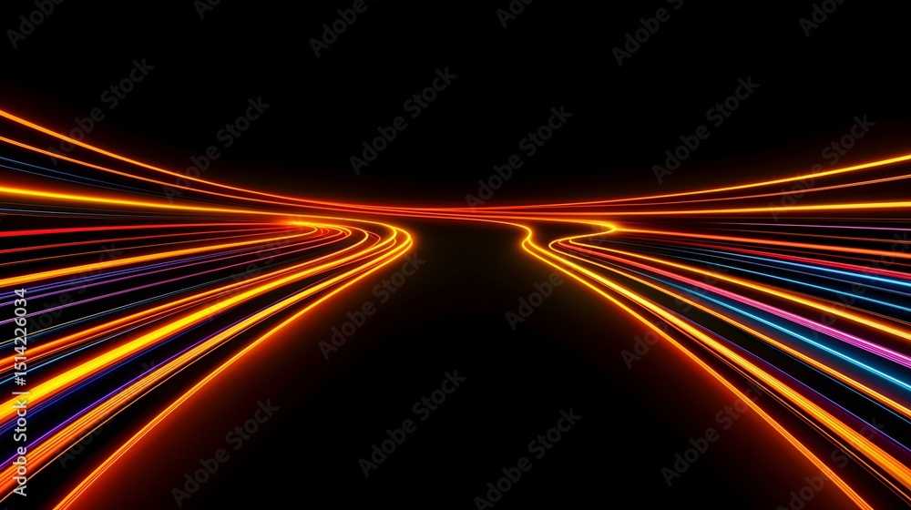 Poster the image contains vibrant, multicolored light trails curving and converging in the center against a