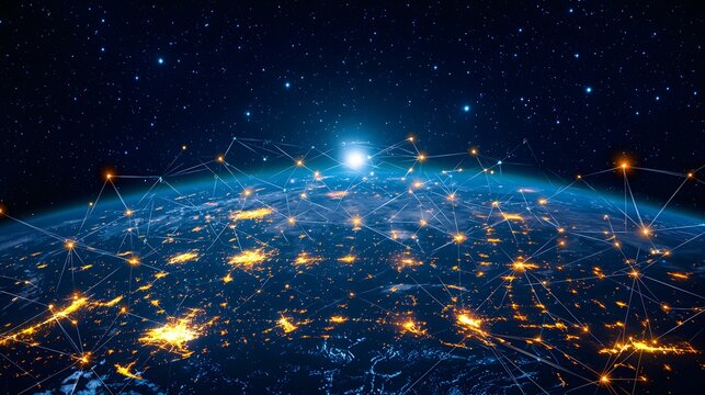 The image shows a nighttime view of Earth from space, with city lights illuminating the landmasses.  A network of interconnected lines representing global communication and data flow overlays the pla