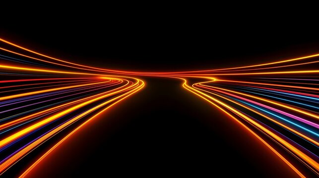 The image contains vibrant, multicolored light trails curving and converging in the center against a black background.A medium description sentence:  Streaks of orange, red, blue, and purple light dy