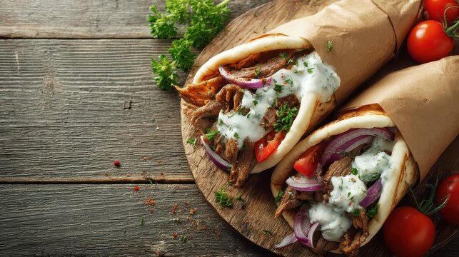 Freshly prepared beef gyros wraps with vegetables and creamy sauce on rustic wooden table