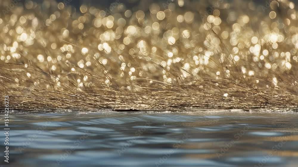 Poster golden flax fibers, illuminated by sunlight, create shimmering reflections on the surface of a tranq