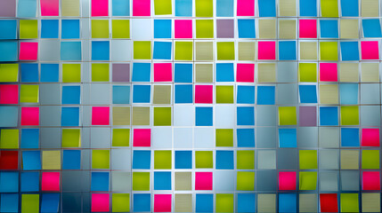Colorful sticky notes in artistic pattern on glass, symbolizing creative workspace ideas