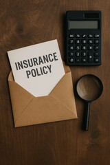 Insurance Policy Card Envelope Calculator Magnifying Glass Wood Background Finance