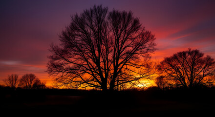 Fototapeta premium Vibrant Sunset Silhouette: Majestic Tree at Dusk