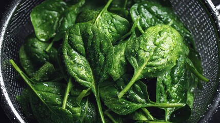 Fresh green spinach leaves in a black colander washed with water for healthy cooking ingredients