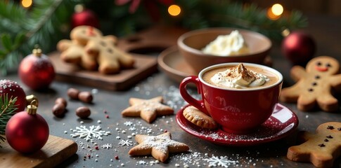 Cozy Christmas table setup with hot chocolate, gingerbread cookies, and baking ingredients , pinecone, gingerbread cookies, dessert