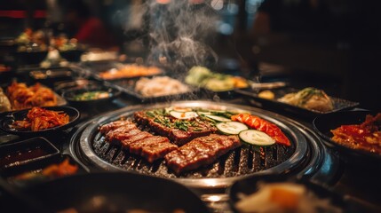 Delicious Korean barbecue grilling with marinated meat vegetables and side dishes in a traditional restaurant setting
