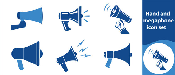 Hand and megaphone icon set, volume, speech, amplifier, symbol, office, bank, computer, sign, three-dimensional, cyberspace, paper, web, advertising, pen, vector and more