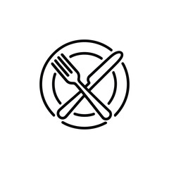 Line icon showing fork and knife crossed over plate on transparent background